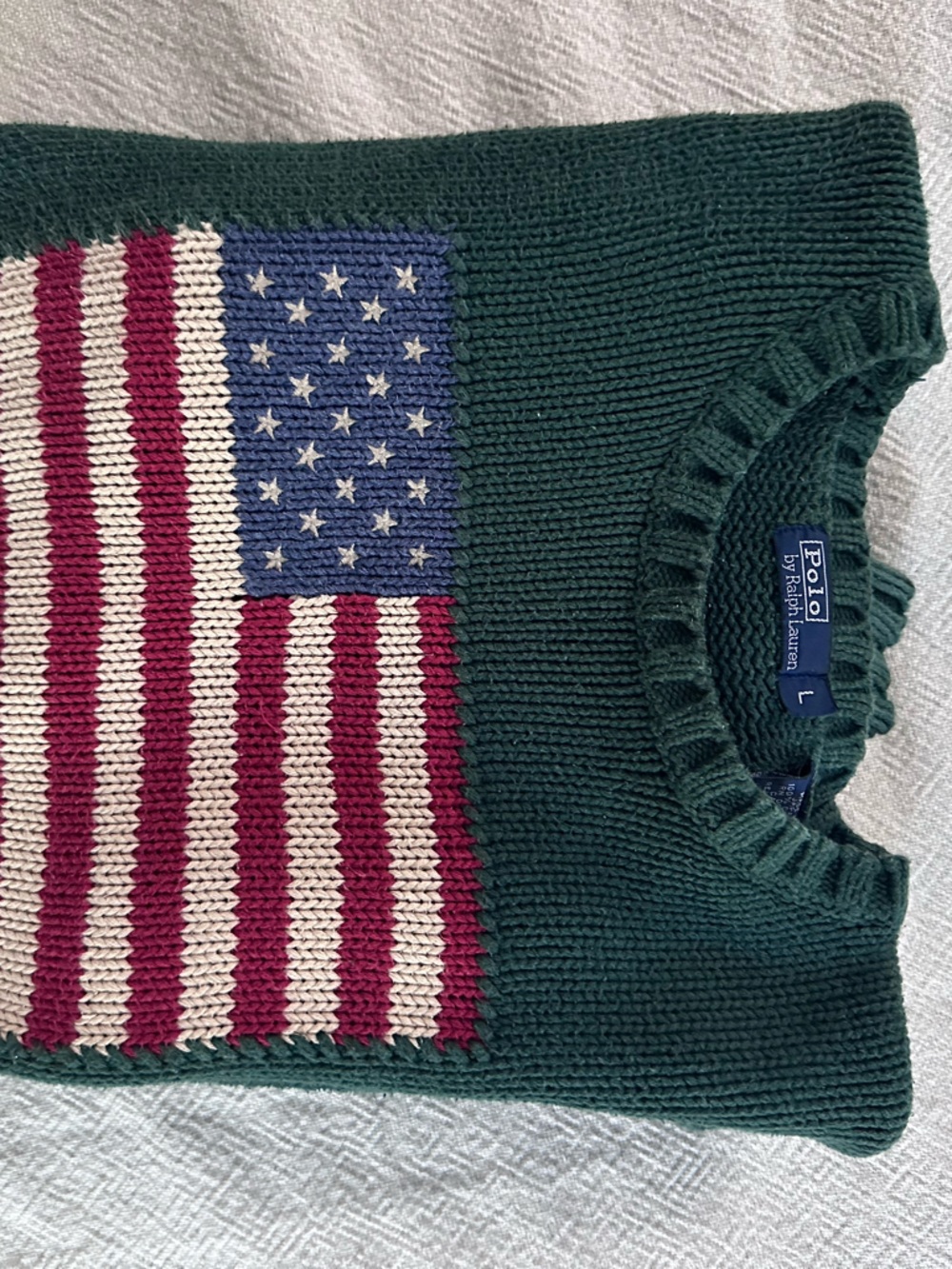 Vintage Polo by Ralph Lauren green American flag sweater, size L - Picture 11 of 11